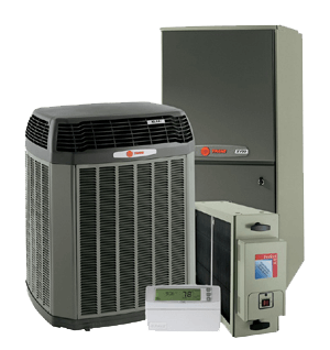 Complete HVAC system — condenser, furnace and thermostat